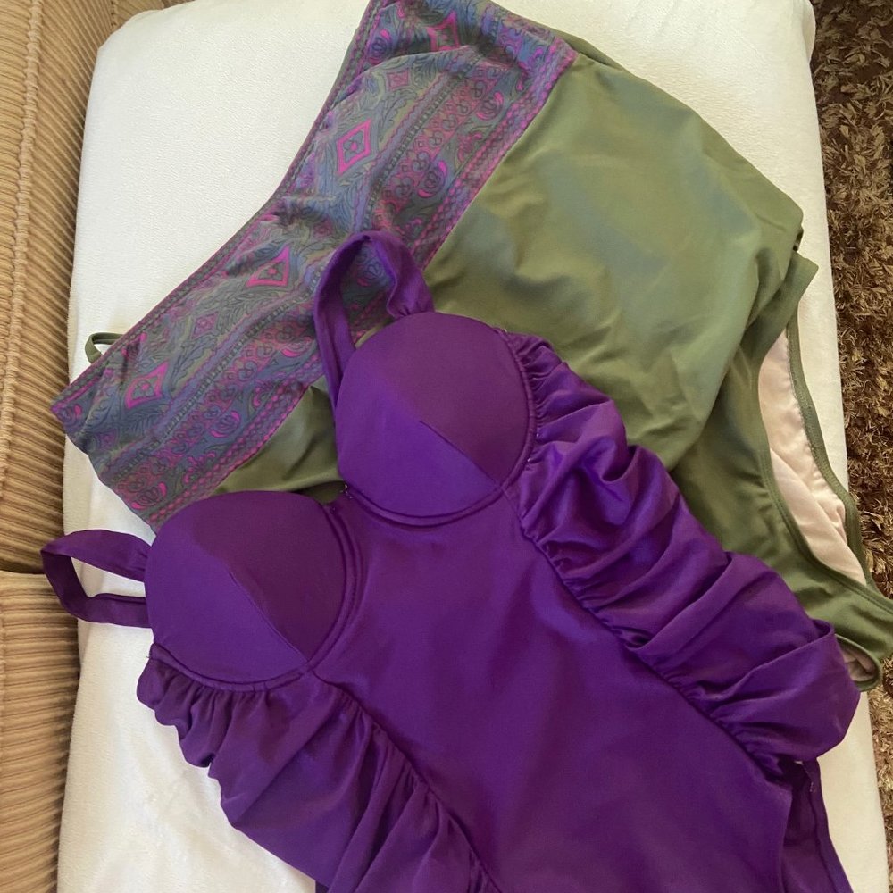 TWO SWIMSUITS FOR THE PRICE OF ONE!!     One in purple, one in green